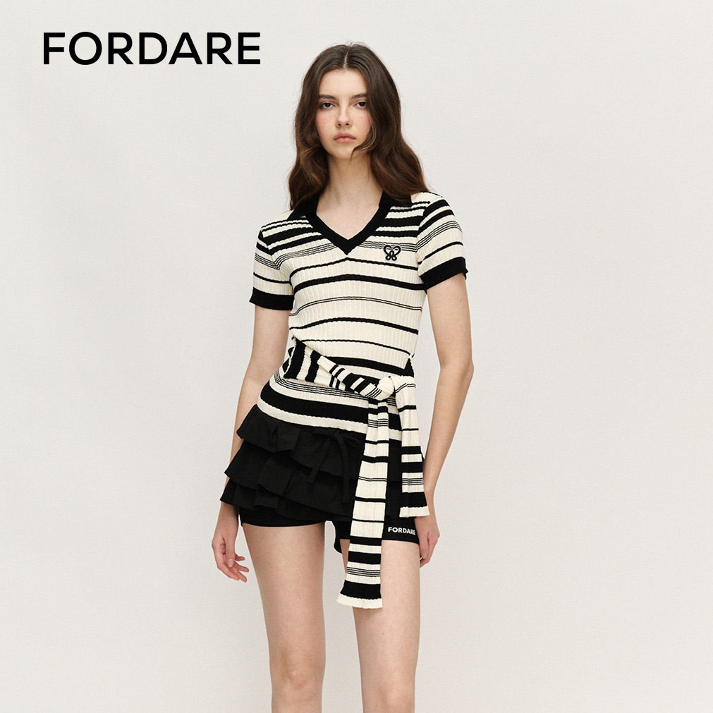 FORDARE/福蝶25春夏针织黑白条纹短袖女士短款收腰轻薄上衣
