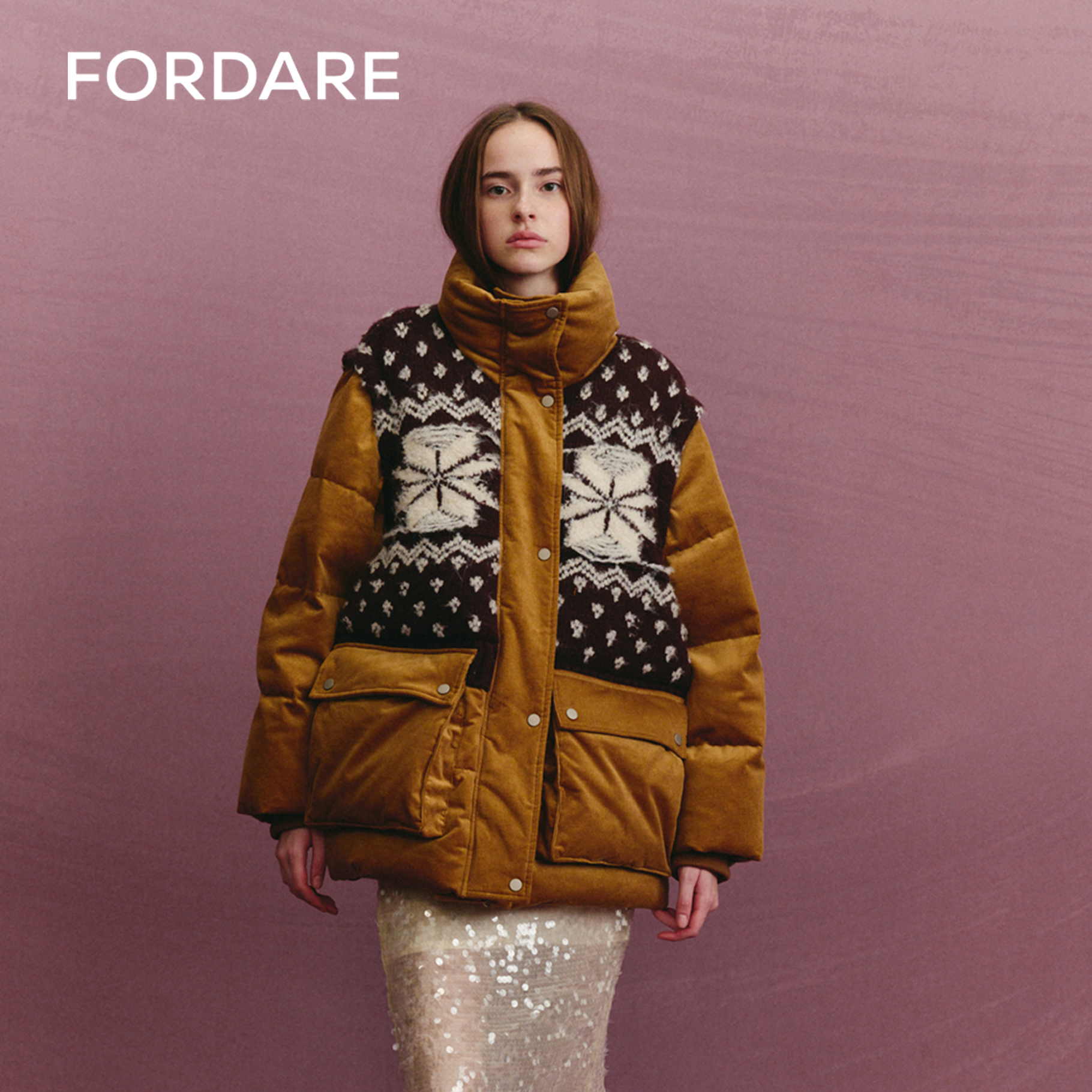 拼接羽绒服FORDARE费尔岛风立领