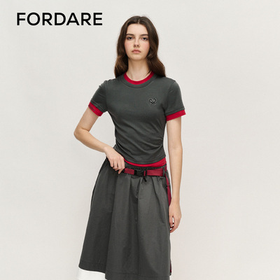 FORDARE/福蝶25春夏假两件拼接撞色短T恤女士短袖上衣