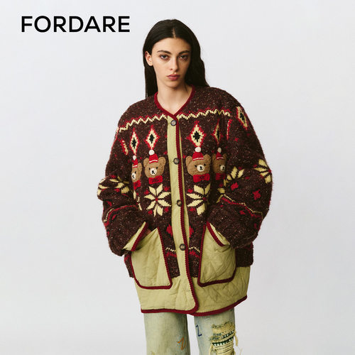 FORDARE/福蝶25秋冬菱形格立体小熊毛织棉服外套
