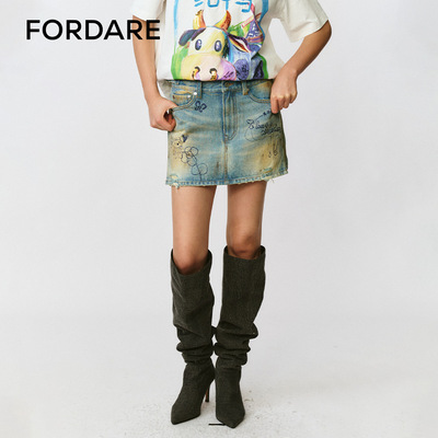 FORDARE/福蝶25早秋趣味圆珠笔涂鸦感牛仔短裙