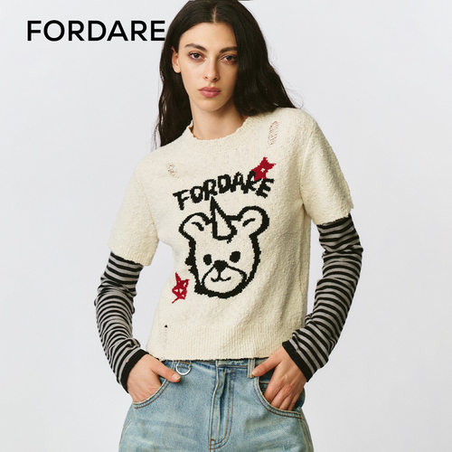 FORDARE/福蝶25早秋独角小熊嵌花假两件毛衫