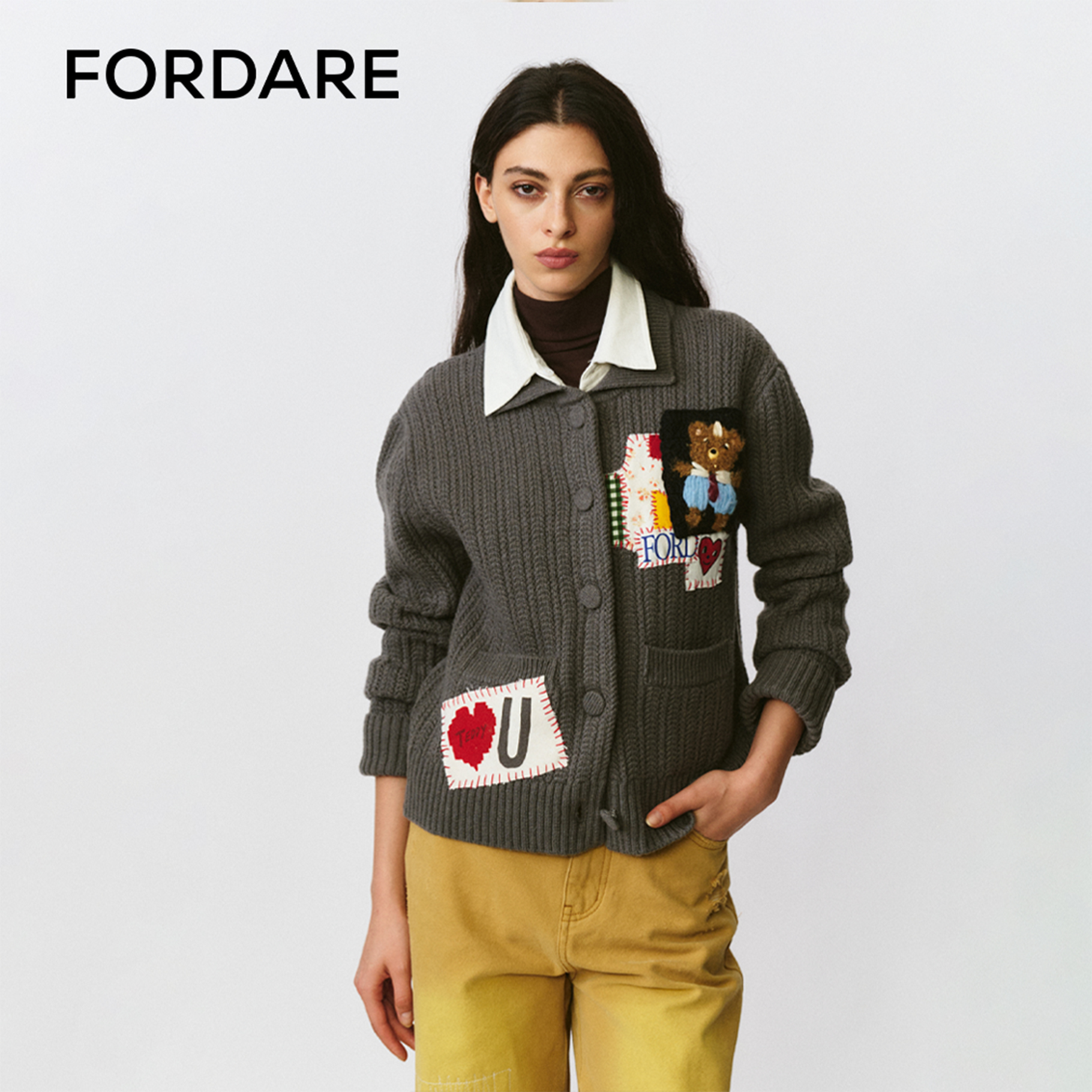 FORDARE/福蝶25秋冬复古碎花拼布领带小熊毛开衫