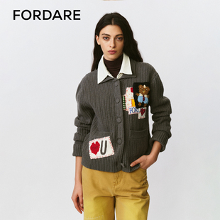 FORDARE 福蝶25秋冬复古碎花拼布领带小熊毛开衫