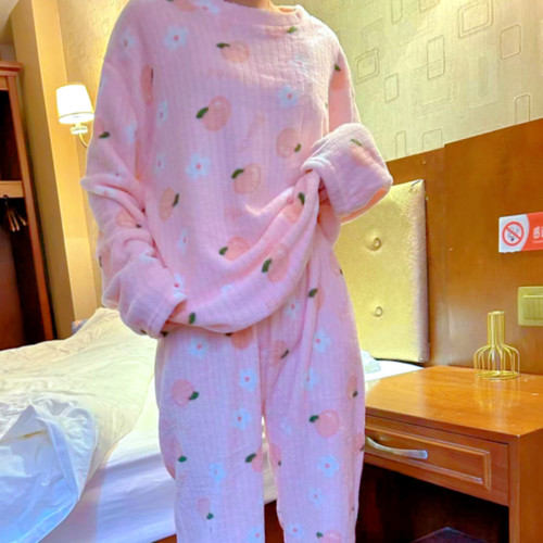 新款秋冬睡衣女加绒加厚珊瑚绒保暖打底套装打底暖暖家居服可外穿