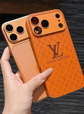新款潮牌LV老花橙色适用苹果17promax手机壳iPhone16男女15pro磨砂玻璃14全包13镜头膜12防摔11保护套高级感