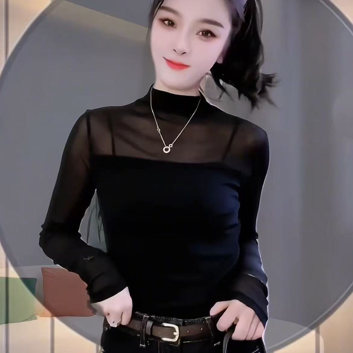 超仙网纱长袖蕾丝衫女秋冬款2024洋气别致半高领新款打底上衣小衫