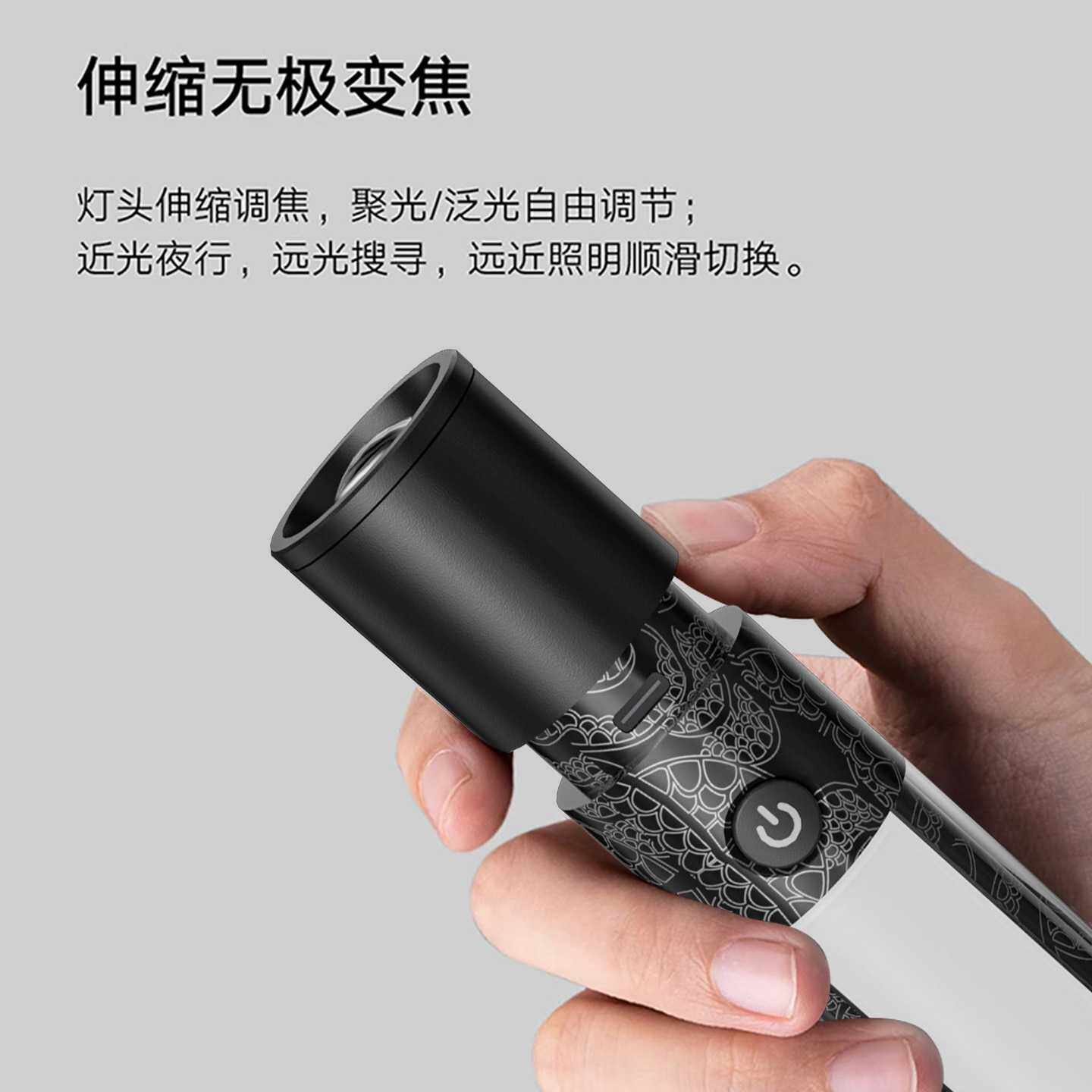 强光手电筒带侧灯长续航充电迷你便携手电筒带灯罩多功能露营灯