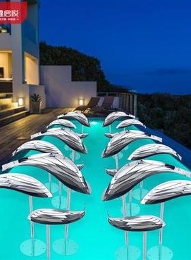 户外不锈钢抽象镜面鱼雕塑水池装饰售楼部酒店大厅水景装饰品摆件