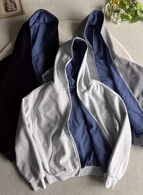 paris style新款短宽百搭拉链外套cleanfit双面穿miu系蓝格纹卫衣