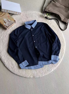 paris style莫代尔竹浆纤维抗皱polo领假两件拼接格纹长袖衬衫男