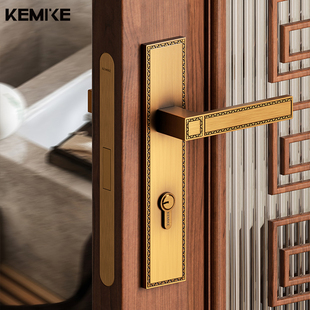 柯米克黄古铜中式面板门锁卧室复古实木门房门磁吸锁室内静音门锁