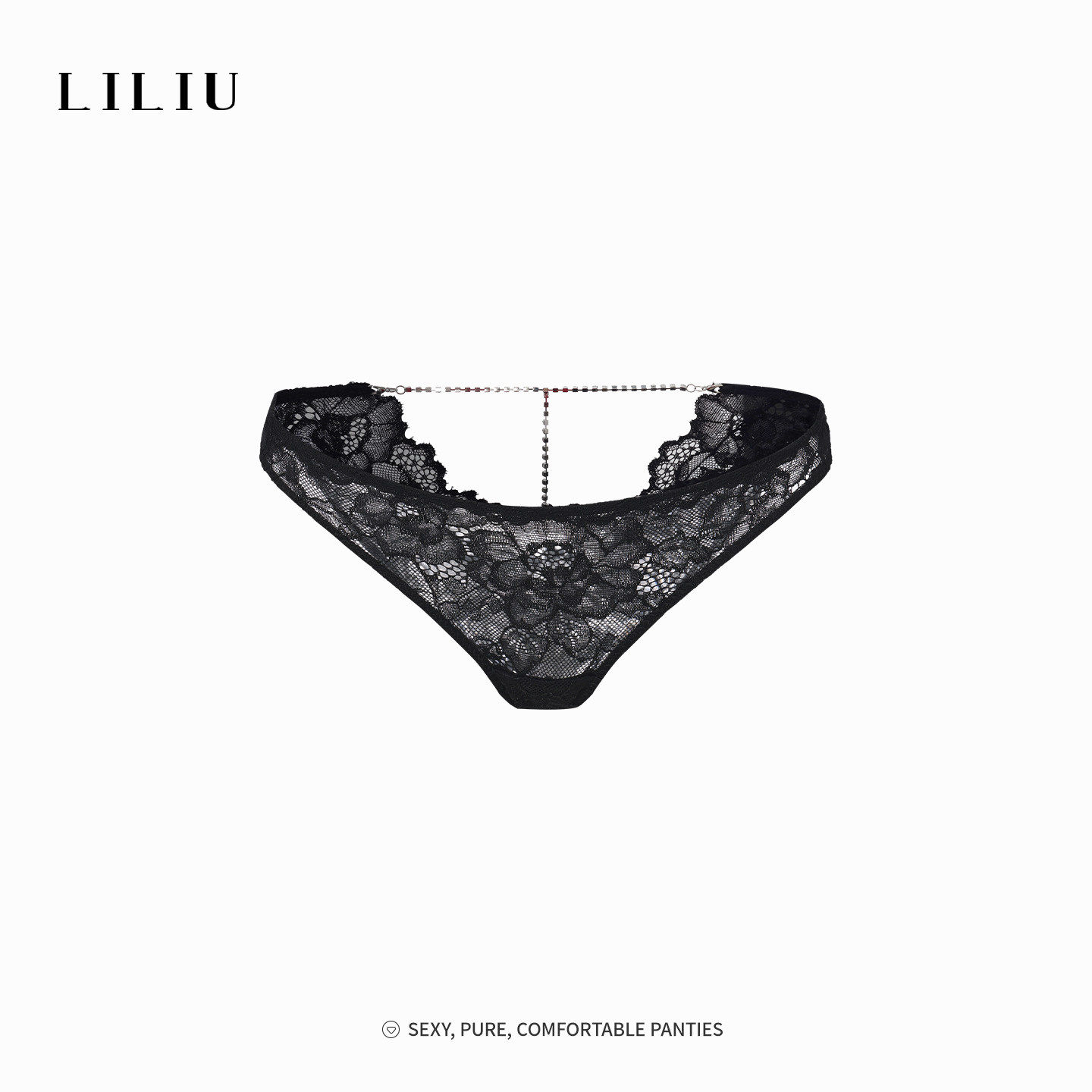 LILIU钻饰后臀低腰丁字裤蕾丝镂空花边内裤女士超性感三角短裤女