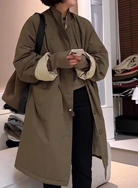 欧货抽绳收腰工装棉服女秋冬2025新款立领宽松中长款夹棉风衣外套