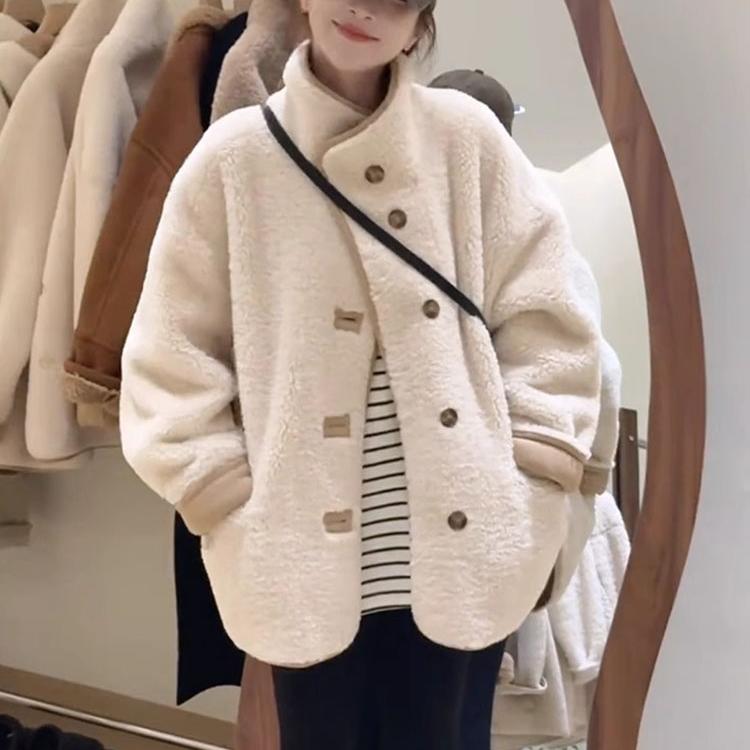 粉奈悦立领皮毛一体短款毛呢外套