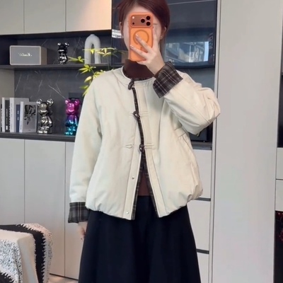 圆领格纹拼接棉服外套女秋冬新款
