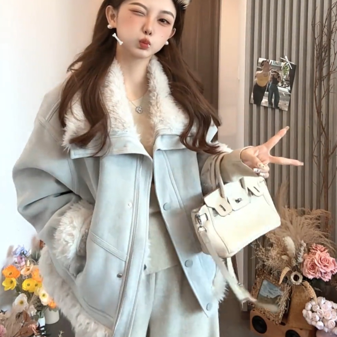 韩系翻领皮毛一体外套女秋冬新款