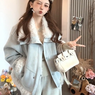 韩系翻领皮毛一体外套女2025秋冬新款宽松休闲加厚保暖羊羔毛外套