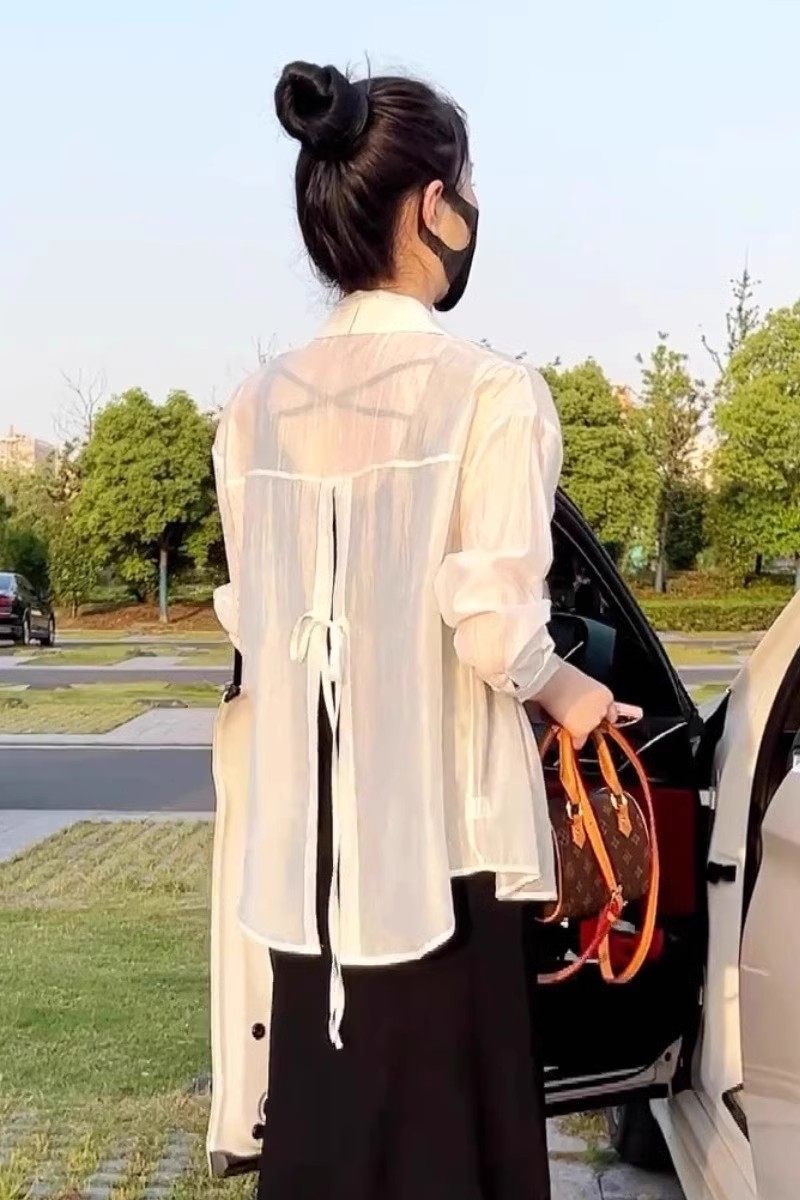 后背开叉绑带长袖防晒衬衫外套女2025夏季宽松气质衬衣百搭上衣潮