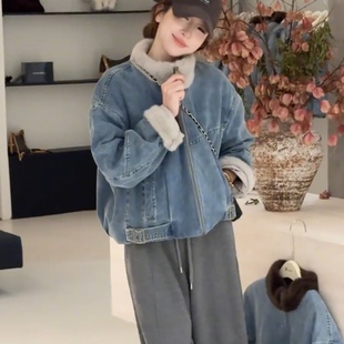 短款 新款 加厚百搭小个子夹克 毛领拼接加绒牛仔外套女2025冬季 韩版