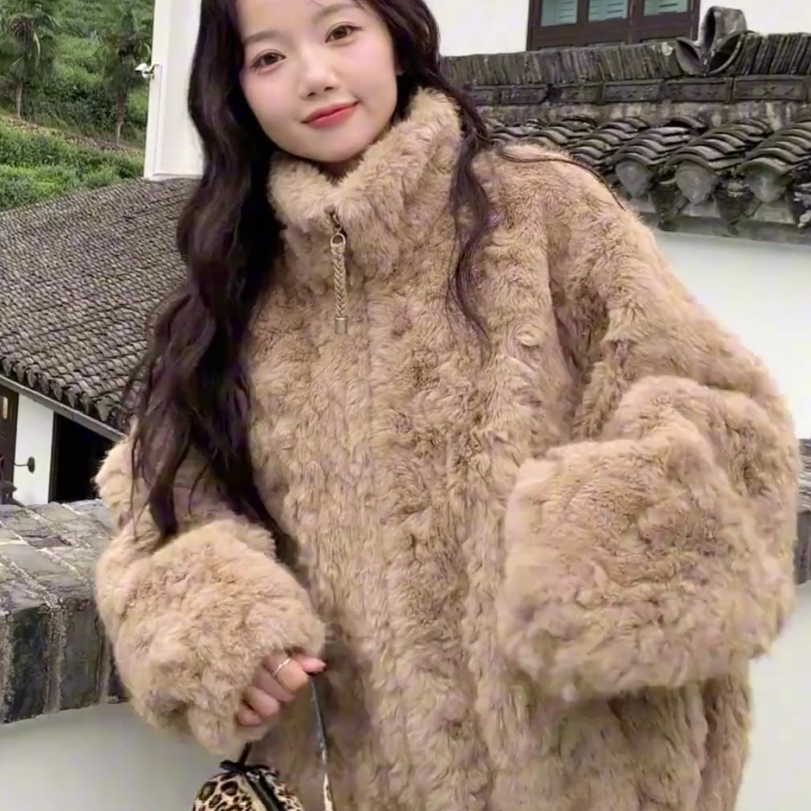 韩系立领皮毛一体短款外套女秋冬