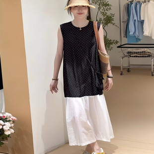 黑色设计感波点拼接无袖连衣裙女2025夏韩系慵懒风气质减龄背心裙