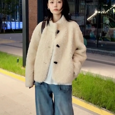 韩系立领牛角扣羊羔毛短外套女