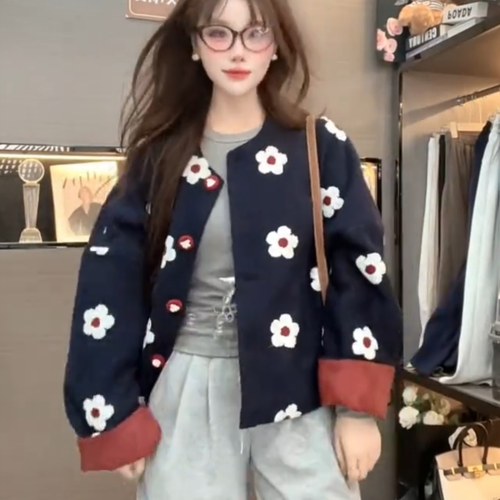 韩版撞色立体花朵外套女秋冬新款