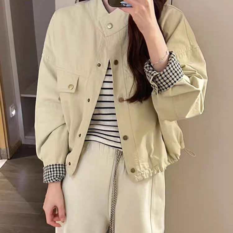 韩系格子拼接立领外套女秋季新款