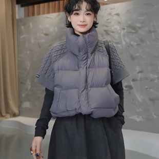 欧货立领针织拼接羽绒马甲女2025秋冬新款短款宽松百搭白鸭绒马夹