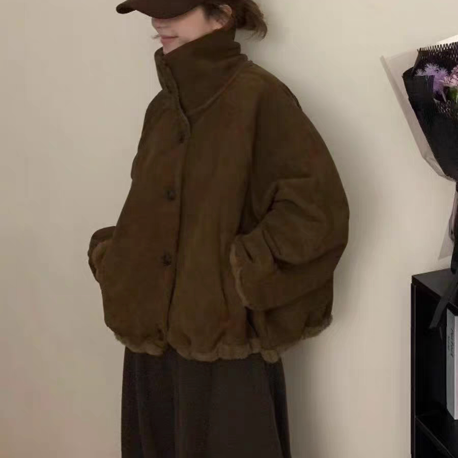 韩系立领加绒加厚麂皮绒外套女