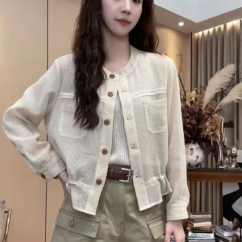 韩系小香风镂空抽绳开衫外套女