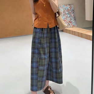 韩系格纹九分直筒阔腿裤女2026夏季新款高腰宽松百搭显瘦休闲裤子
