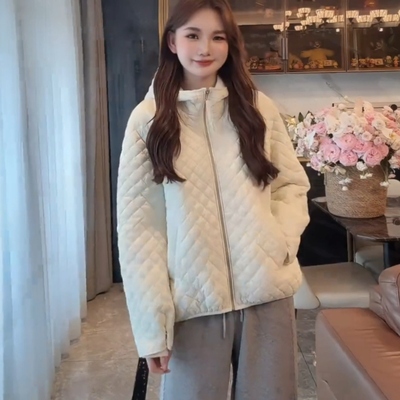 韩系菱格纹连帽棉服女秋冬新款