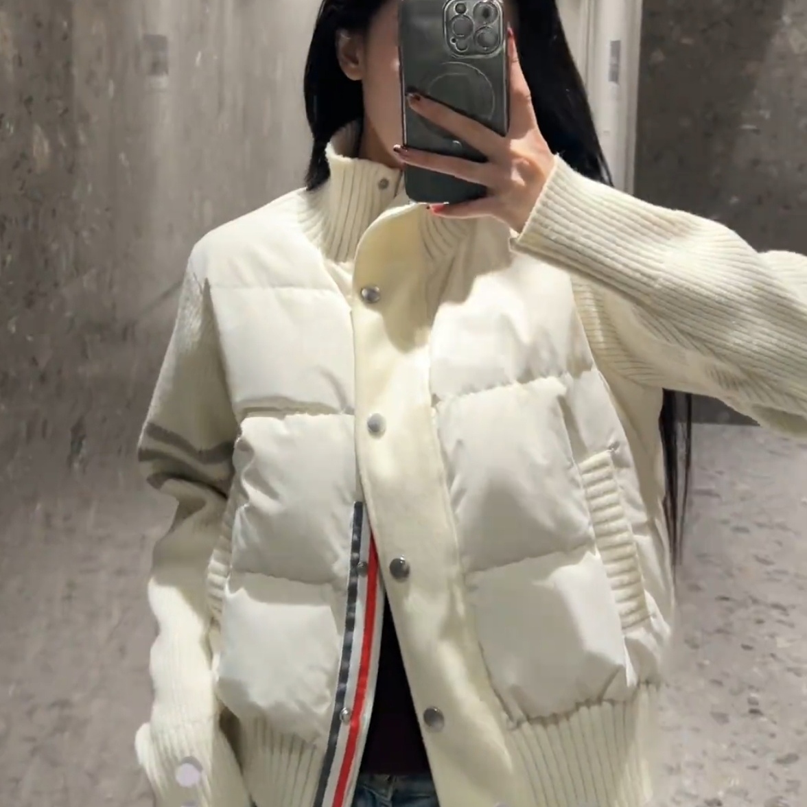 韩系立领针织袖拼接棉服女秋冬