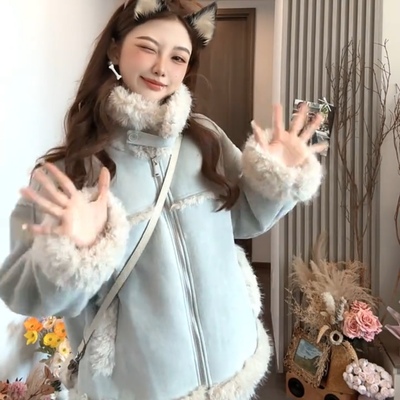 短款羊羔毛皮毛一体外套女冬季