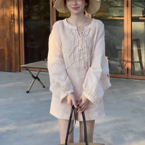 系带木耳边防晒衬衫短裤两件套女