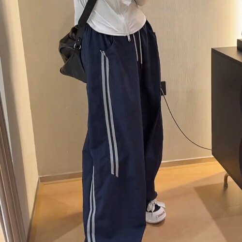 韩系双杠条纹薄款阔腿裤女夏季