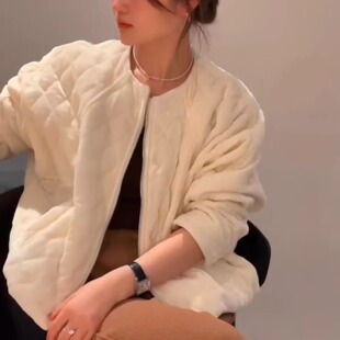 韩系圆领丝绒菱形格棉服外套女2025冬季 百搭加厚保暖棉衣 宽松时尚