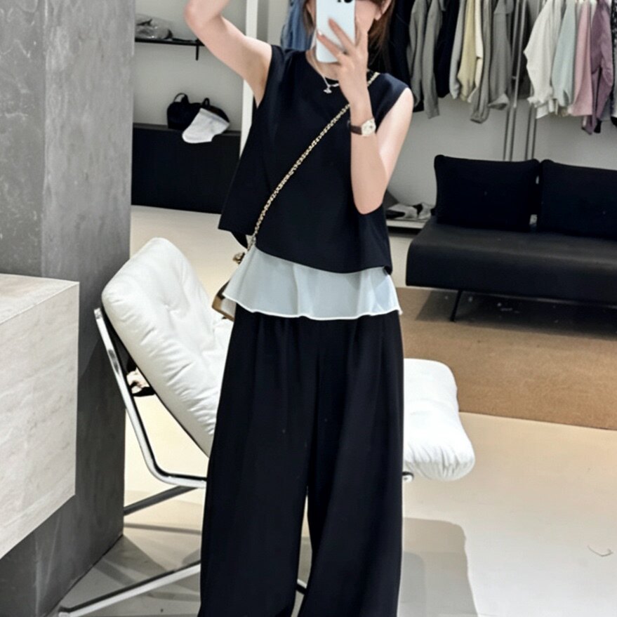 韩系假两件背心+阔腿裤两件套女2026夏季新款时尚宽松显瘦套装潮