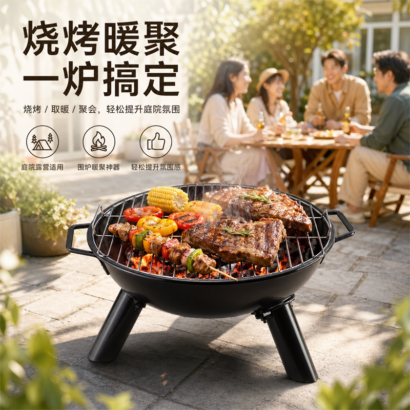 新品加厚烧烤炉家用围炉煮茶炉冬天便携烤火盆庭院木碳取暖器具