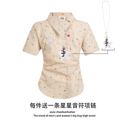 WUIU美式多巴胺格子短袖衬衫女