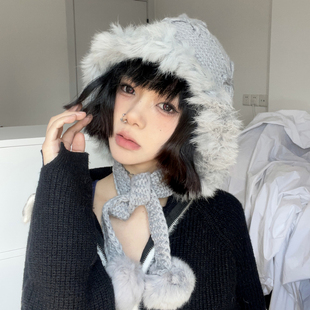 氛围感get 毛线帽女可爱保暖拍照针织帽绑带护耳帽子 手工短发冬季