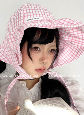 夏日甜美格子大帽檐太阳帽女户外遮阳防晒帽子度假海边百搭渔夫帽