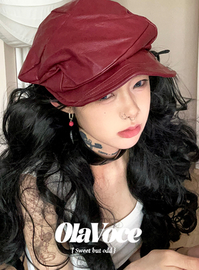 日系复古PU皮质贝雷帽女小众设计感不规则褶皱八角帽红色甜酷帽子