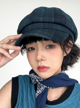 小众墨绿色/春秋甜酷校园辣妹画家帽子文艺复古八角帽格子贝雷帽