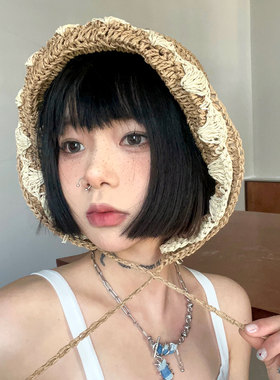 ola voce遮阳帽夏太阳帽防晒手工编织草帽可折叠海边度假沙滩帽子