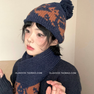 提花针织帽围巾套装女冬季保暖护耳毛线帽显脸小防寒吊球毛球帽子