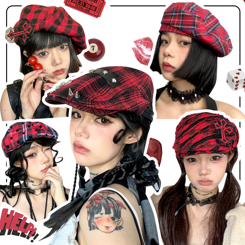 黑红复古格纹早秋画家帽