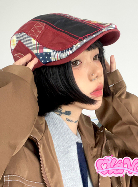 春秋拼接设计小众前进帽女青年日系复古报童帽男古着砖红色帽子潮